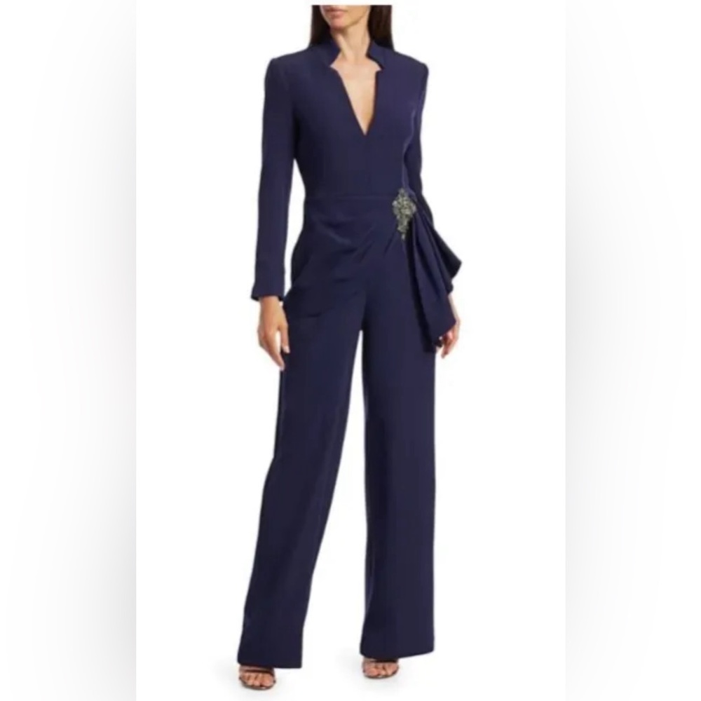 BADGLEY MISCHKA Collection Collared Brooch Wrap Jumpsuit Navy 14 XL - NWT $750
